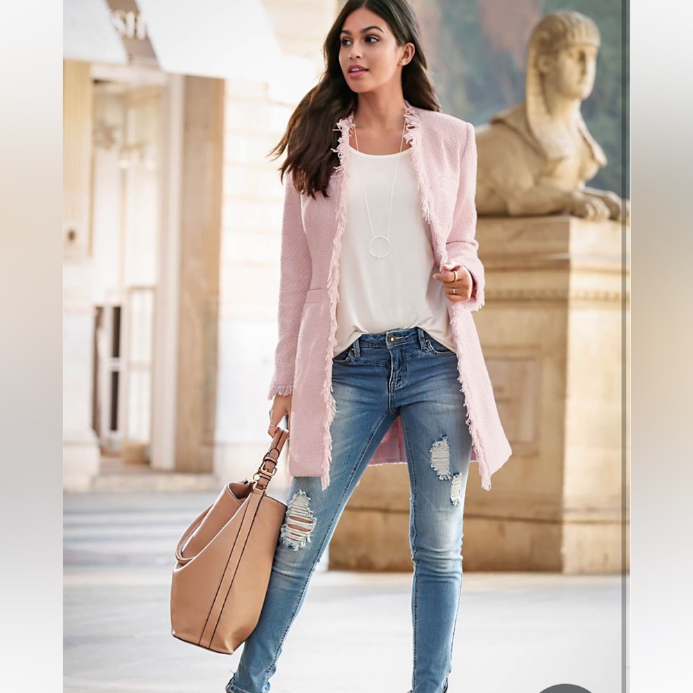 LIKE NEW  Venus Open Front Tweed Fringe Jacket Light Pink - Size 8